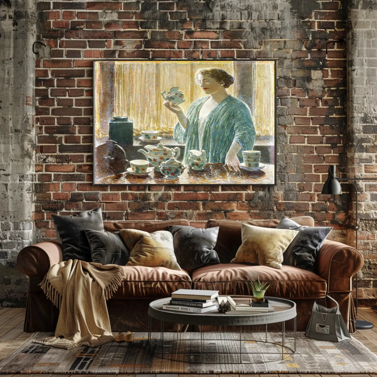Serene Domestic Scene in Blue Robe Artistic Poster