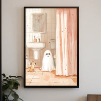 Ghost and Dog Bathroom Whimsical Illustration Cozy Poster