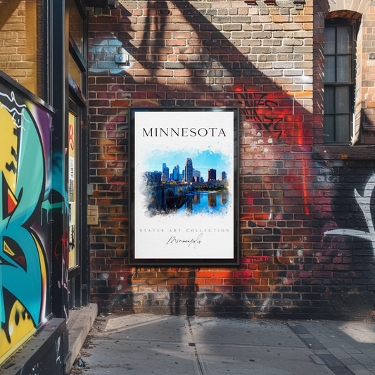 Minnesota Watercolor Skyline Bridge Scene Vintage Travel Poster