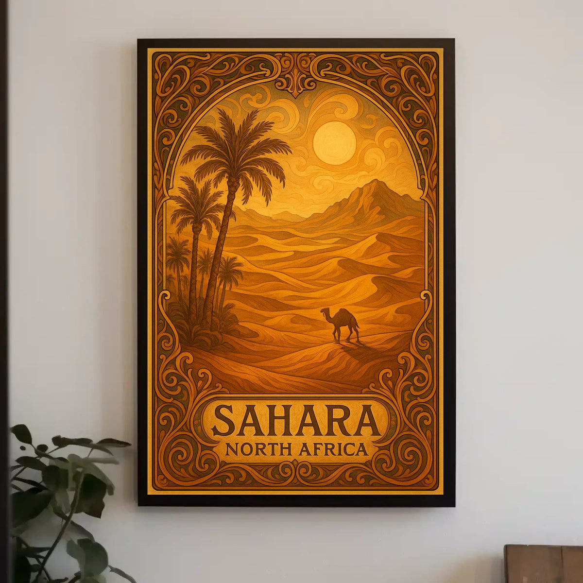 Sahara Sunset Vintage Travel Desert Camel Journey Art Deco Retro Eighties Poster