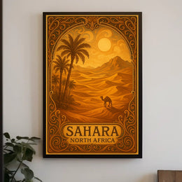 Sahara Sunset Vintage Travel Desert Camel Journey Art Deco Retro Eighties Poster