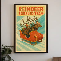 Whimsical Reindeer Sledding Vintage Sports Poster