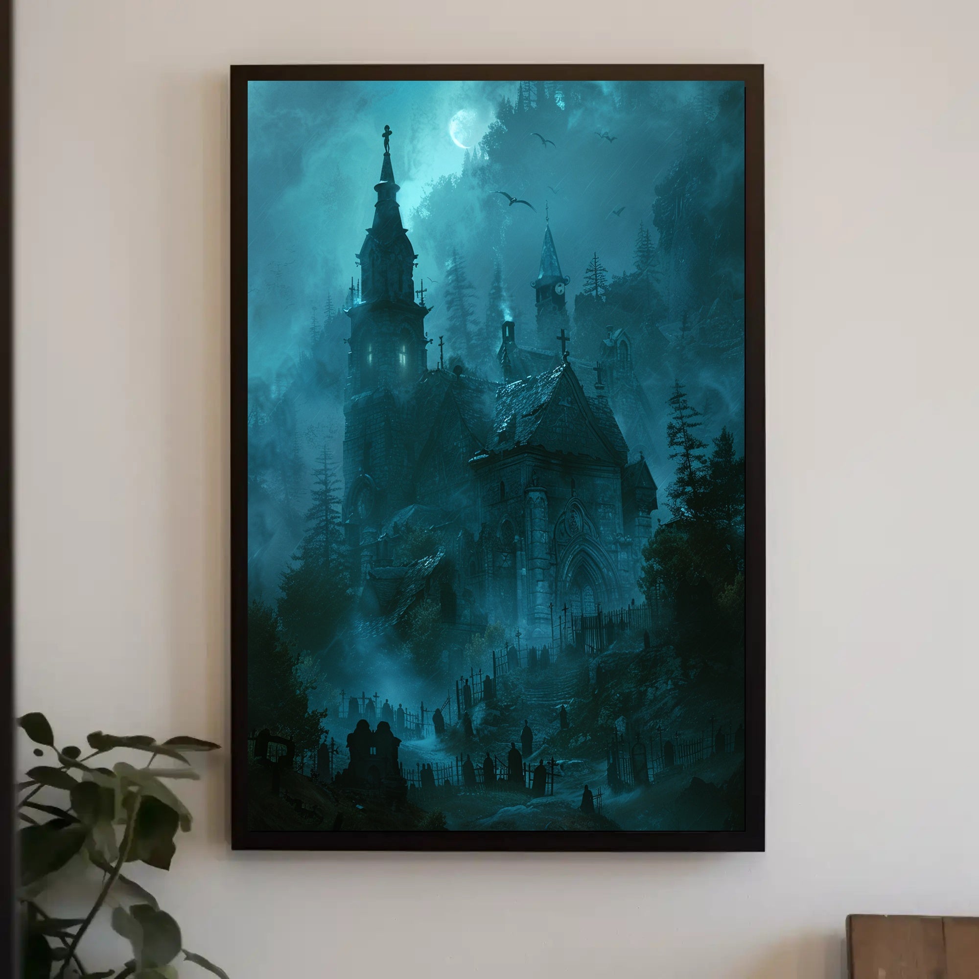 Gothic Church and Graveyard Eerie Landscape Poster PosterGoat