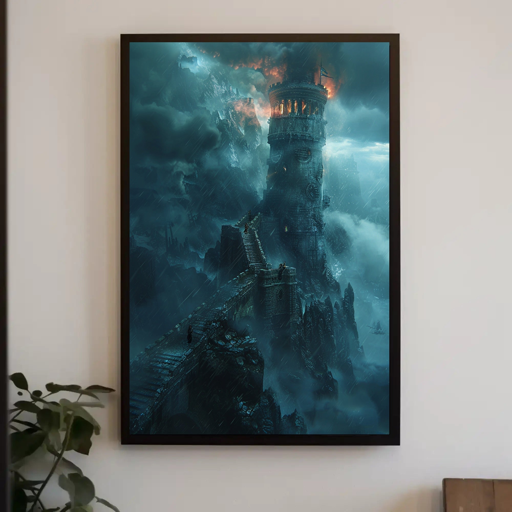 Towering Fortress Amidst Fierce Storm Fantasy or Mythology Poster PosterGoat