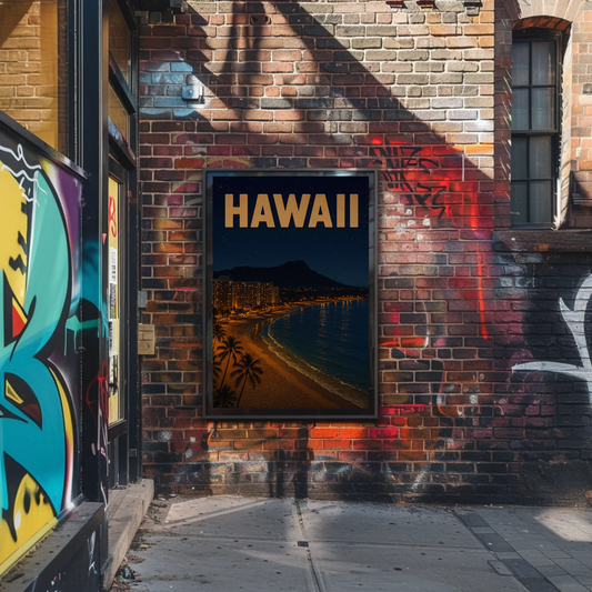 Hawaii Coastline At Night With Hotels Travel Poster