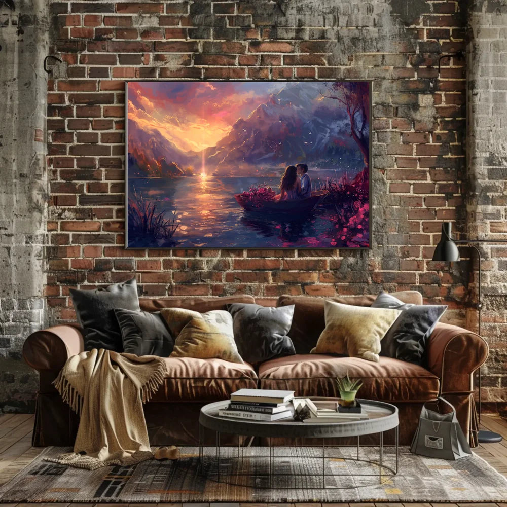 Romantic Sunset Lake Scene: Love in Bloom Poster