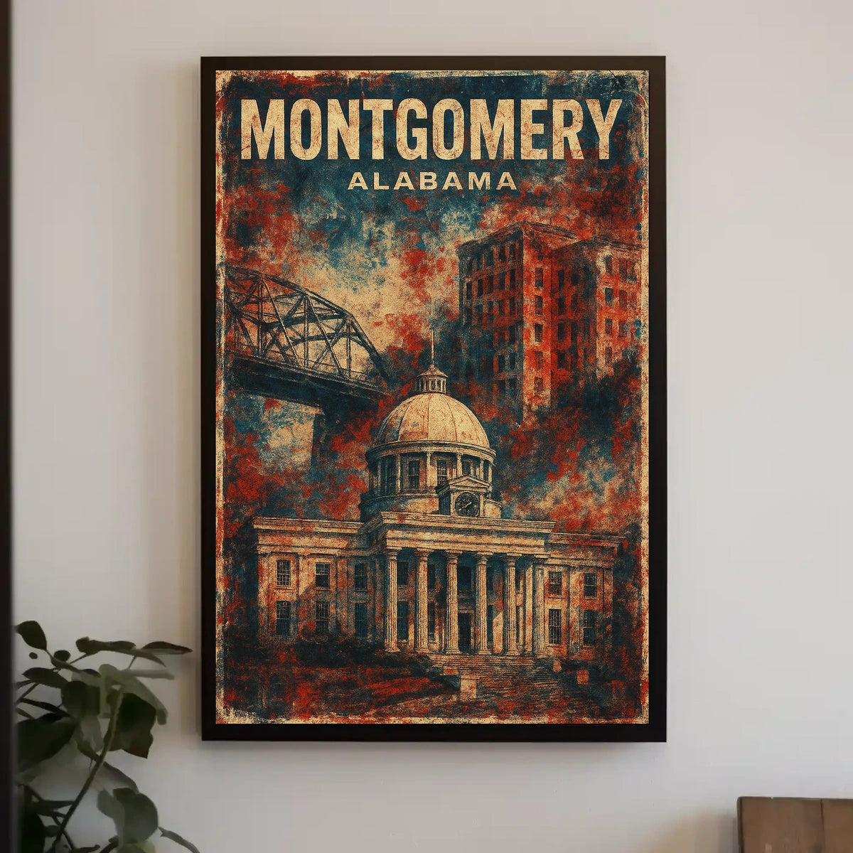 Montgomery Alabama Historic Cityscape Travel Illustration Vintage Architectural Heritage Nostalgic Warm Color Poster