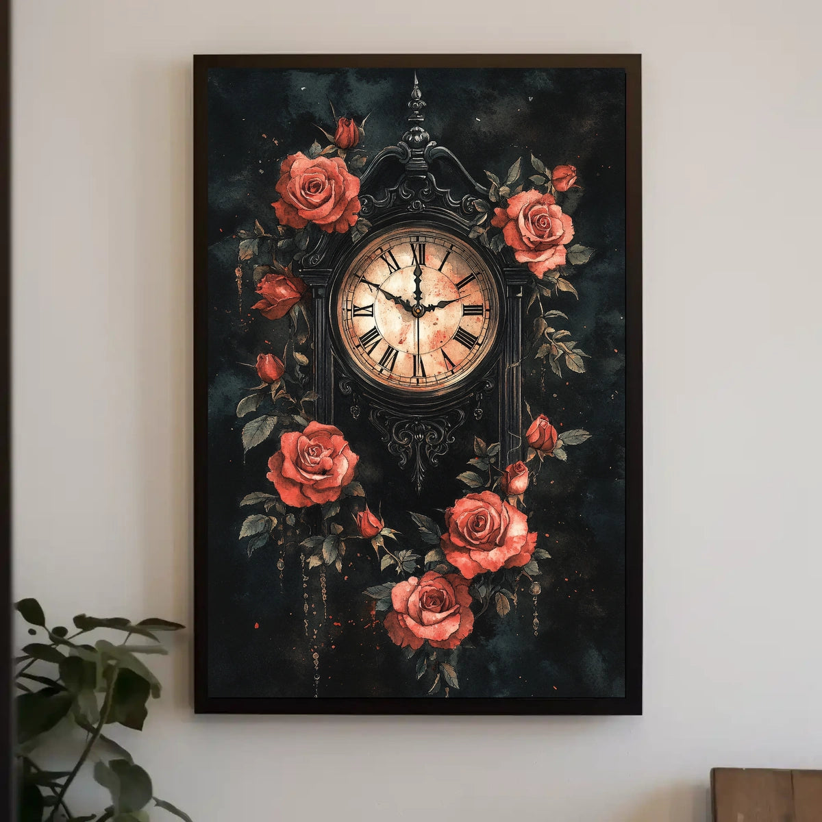 Gothic Victorian Clock with Red Roses Artwork Poster