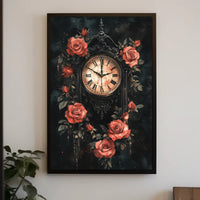 Gothic Victorian Clock with Red Roses Artwork Poster