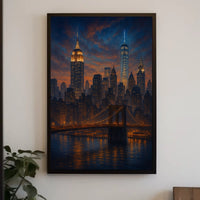 City Skyline at Dusk Over the River Poster Modern Wall Art