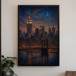 City Skyline at Dusk Over the River Poster Modern Wall Art