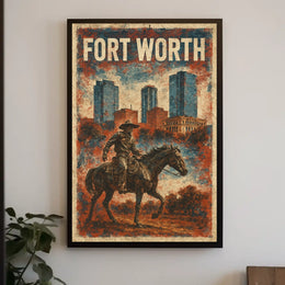 Fort Worth Cowboy Cityscape Vintage Collector Poster