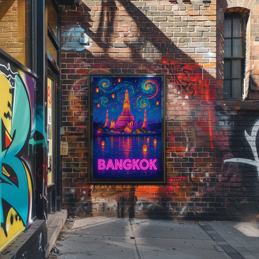 Bangkok Neon Temple Night Travel Poster