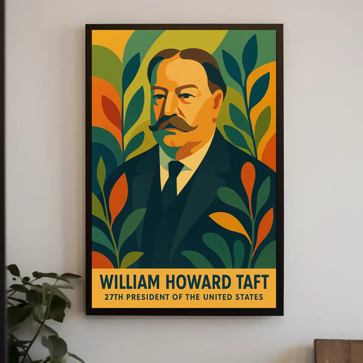 William Howard Taft Patriotic Pop Art Portrait Bold Colors Geometric Leaves Vintage Modern Poster