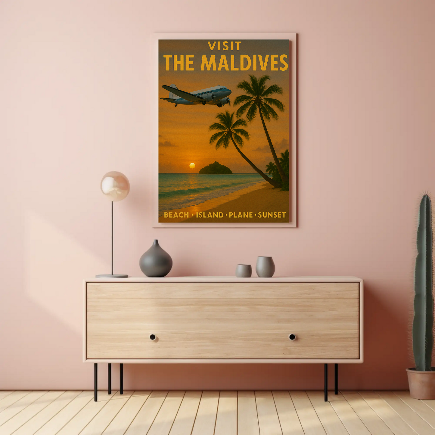 Visit Maldives Island Paradise Sunset Plane Travel Poster