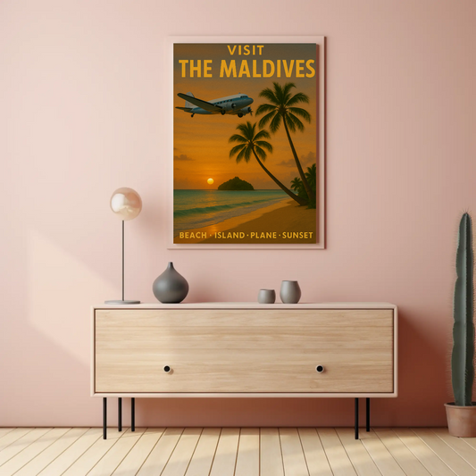 Visit Maldives Island Paradise Sunset Plane Travel Poster