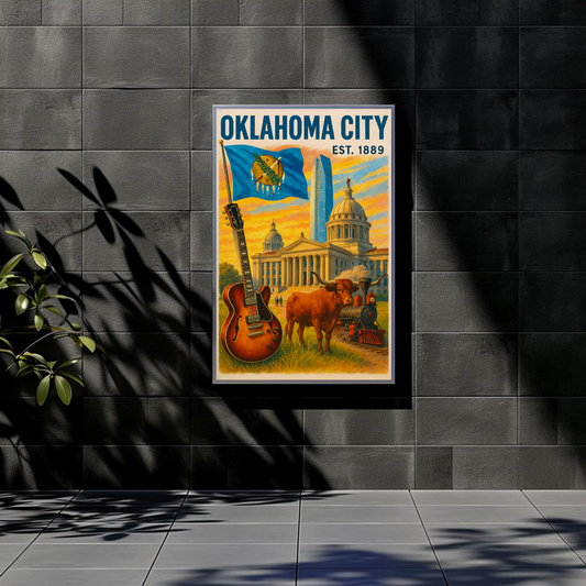 Oklahoma City State Capitol Guitar Train Vintage Travel Poster