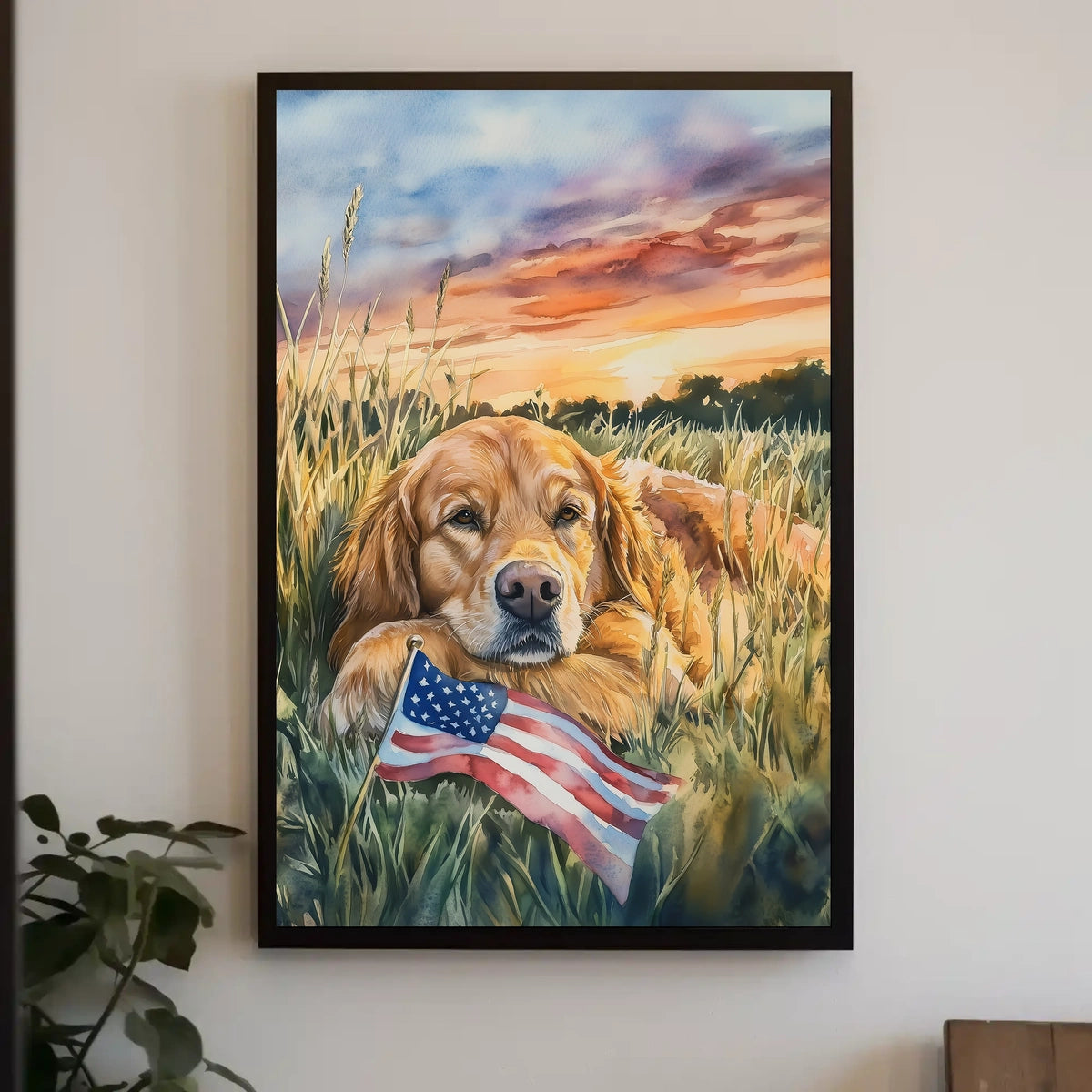 Golden Retriever Resting In Grassy Sunset Field Poster