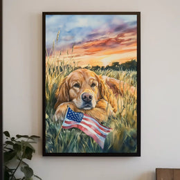 Golden Retriever Resting In Grassy Sunset Field Poster