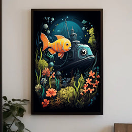 Underwater Adventure: Vintage Submarine and Orange Fish Poster