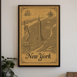 New York City Engraved Skyline Poster Vintage Wall Art