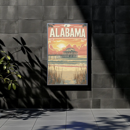 Alabama Pier at Sunset Vintage Travel Poster
