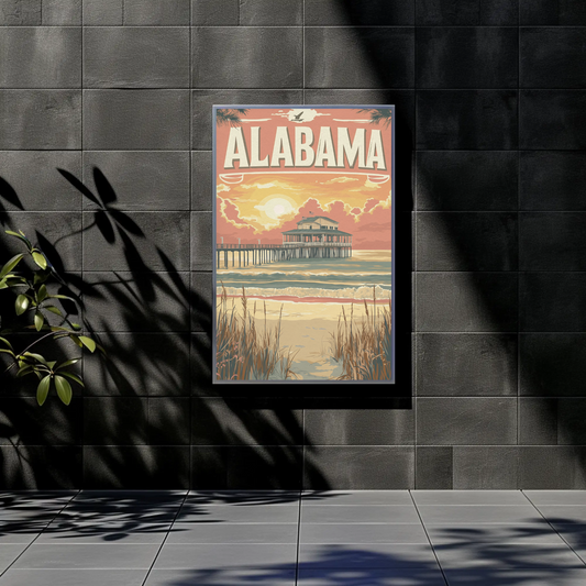 Alabama Pier at Sunset Vintage Travel Poster