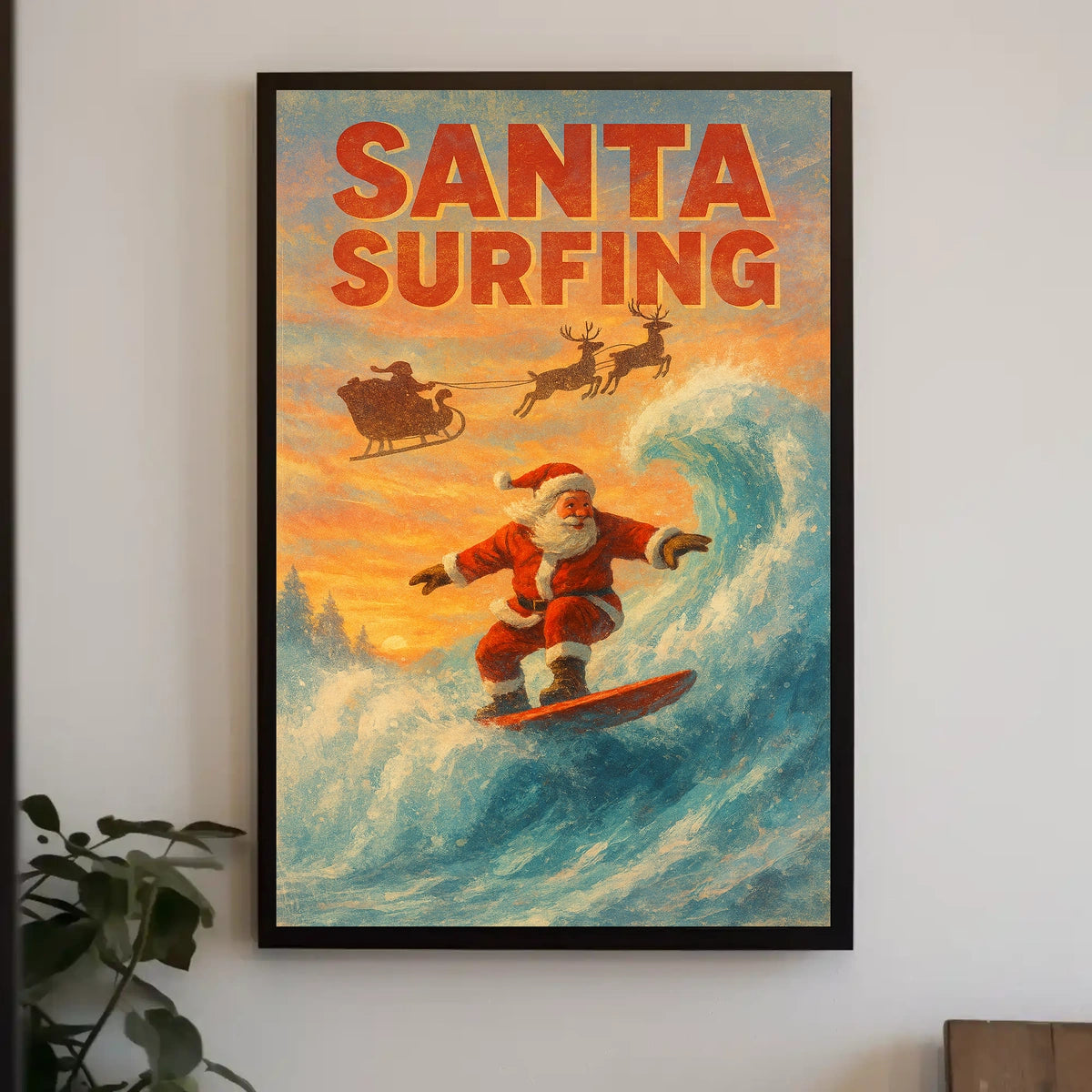 Santa Surfing Vintage Christmas Beach Poster