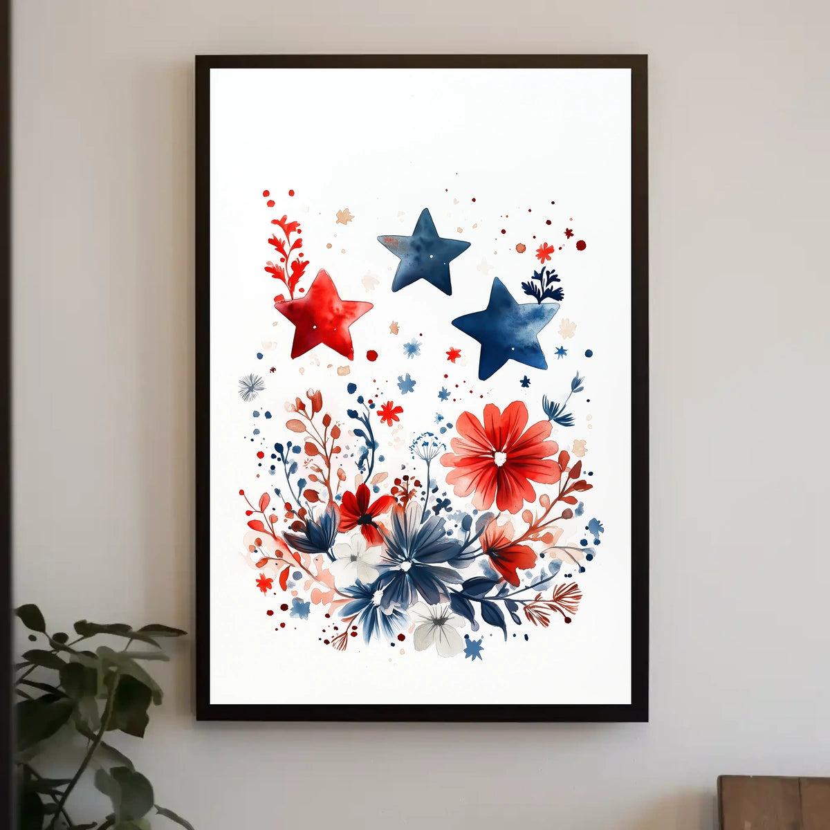 Three Stars Surrounded By Loose Red And Blue Florals Poster