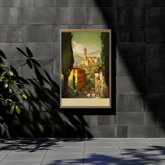 Italy Countryside Village Tower Hillside Vintage Travel Poster