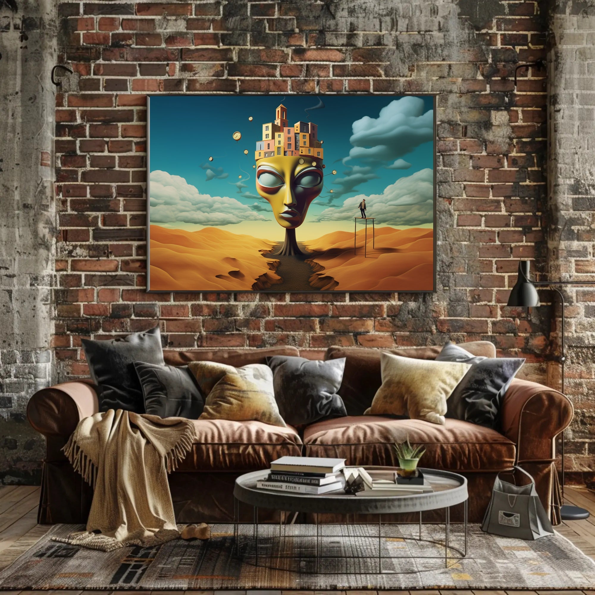 Surreal Desert Landscape with Whimsical Architecture Poster