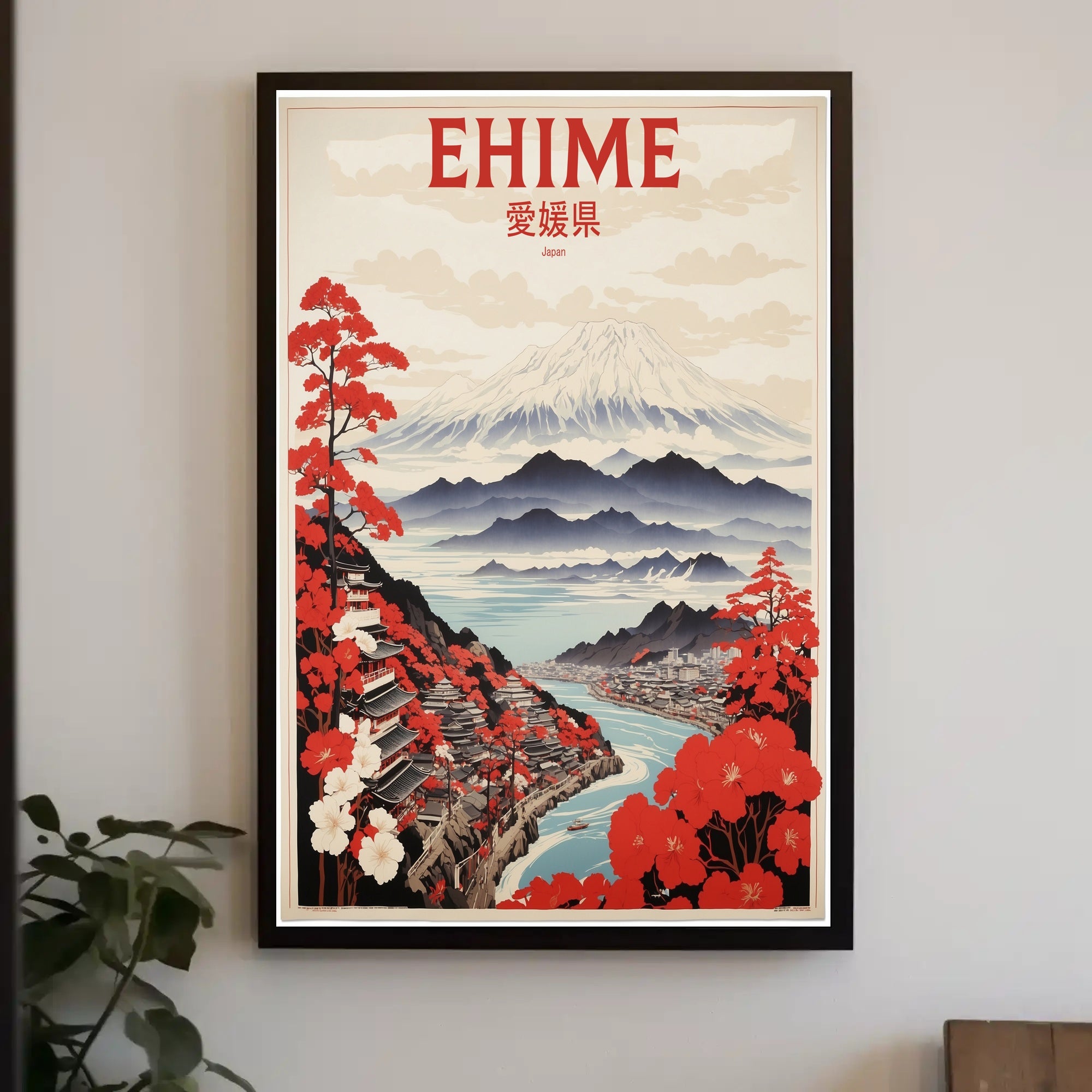 Stylized Traditional Ehime Japan Landscape Art Travel Poster