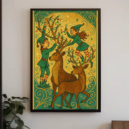 Festive Elves And Reindeer Poster