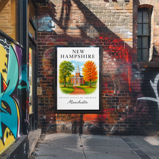 Manchester New Hampshire Historic Brick Church Autumn Travel Poster Travel Poster