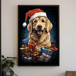 Golden Retriever Christmas Poster with Santa Hat
