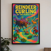 Reindeer Curling at the North Pole Poster