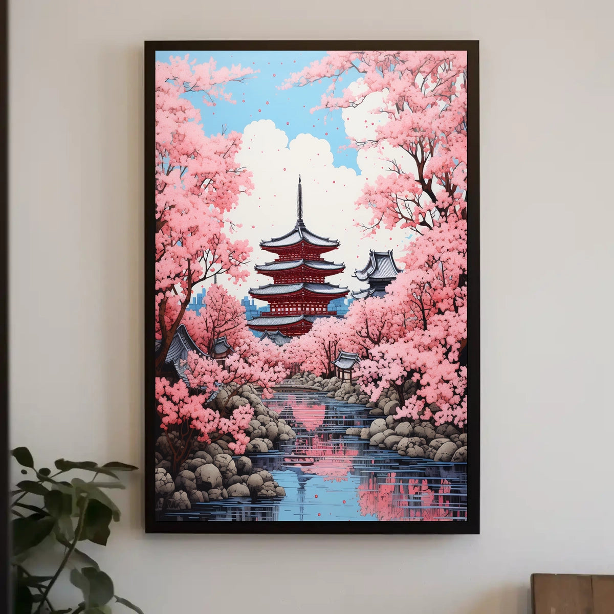 Japanese Pagoda with Cherry Blossoms Cultural Poster