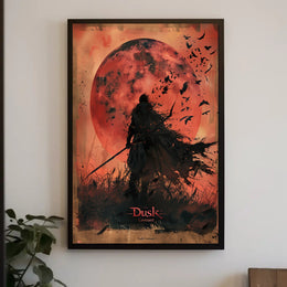 Silhouetted Warrior Against Red Moon Fantasy or Mythology Poster PosterGoat