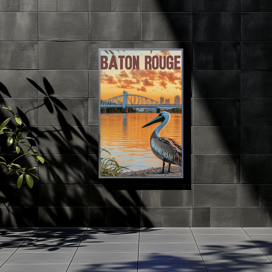 Vintage Travel Poster - Baton Rouge Pelican Sunset