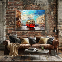 Vintage Tram Cityscape: Modern Impressionist Art Poster