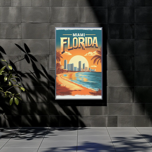 Miami Florida - Beach Sunset Vintage Travel Poster