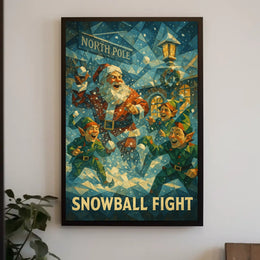 Festive Santa and Elves Snowball Fight Poster