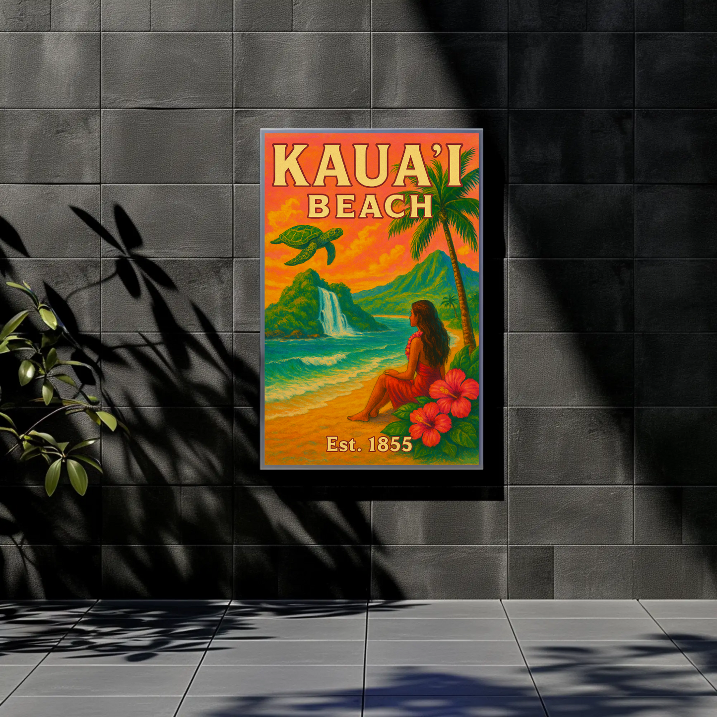 Kauai Beach Hawaii Waterfall Turtle Est 1855 Vintage Travel Poster