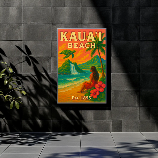 Kauai Beach Hawaii Waterfall Turtle Est 1855 Vintage Travel Poster