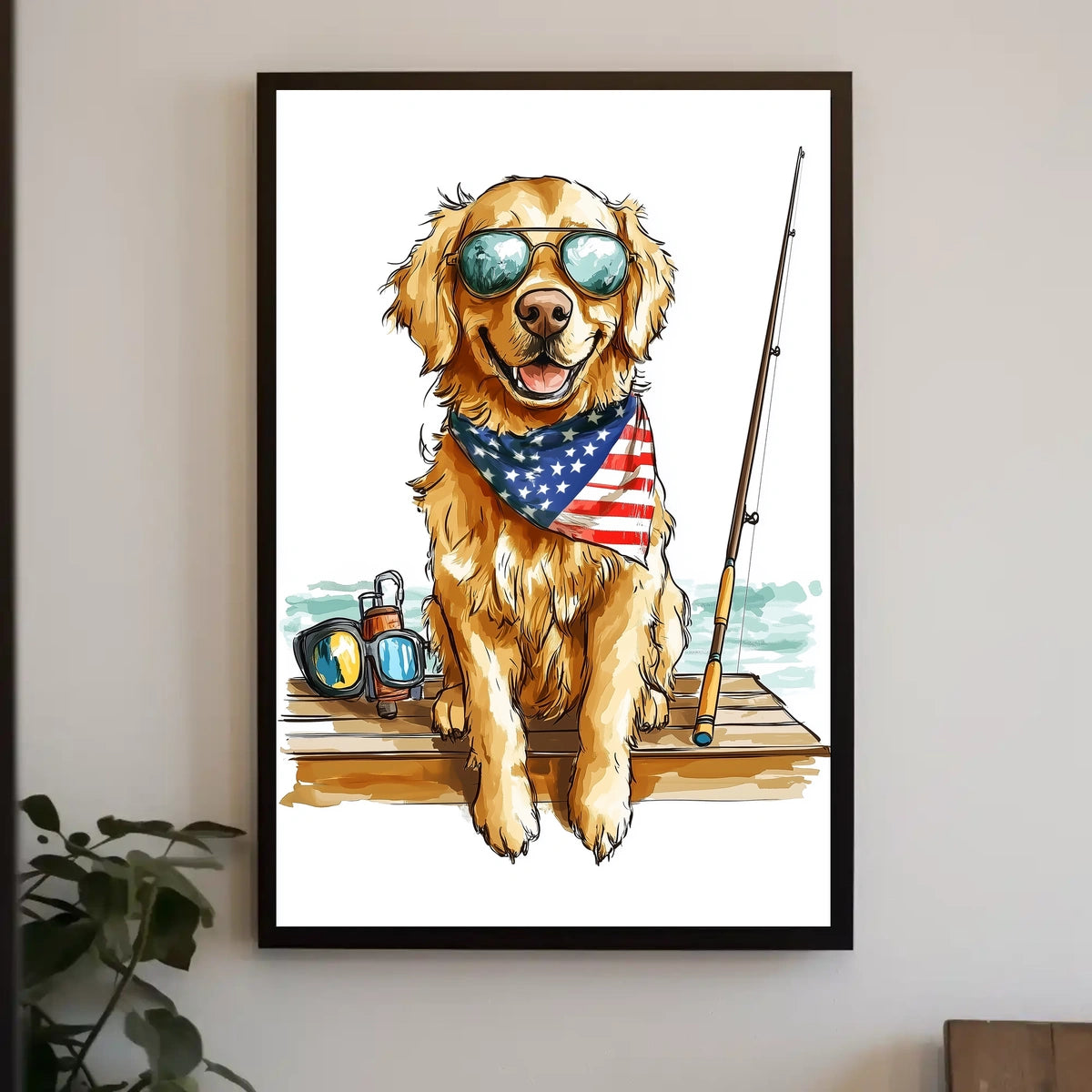 Golden Retriever Fishing Scene Artwork Home Decor Poster