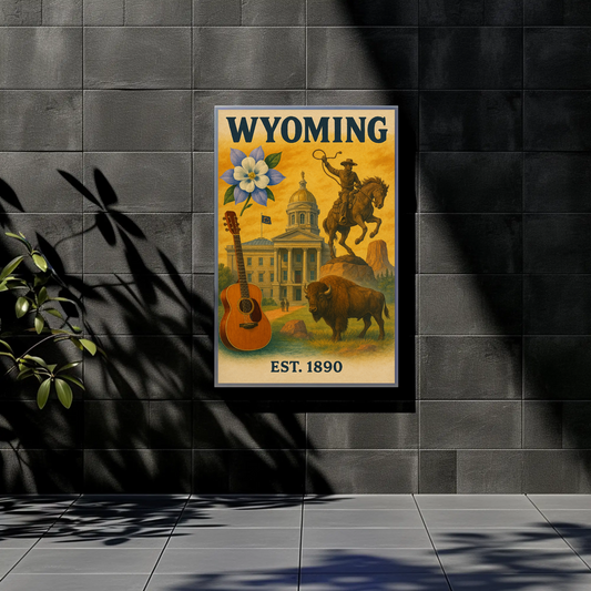 Wyoming Capitol Rodeo Guitar Bison Flower Vintage Travel Poster