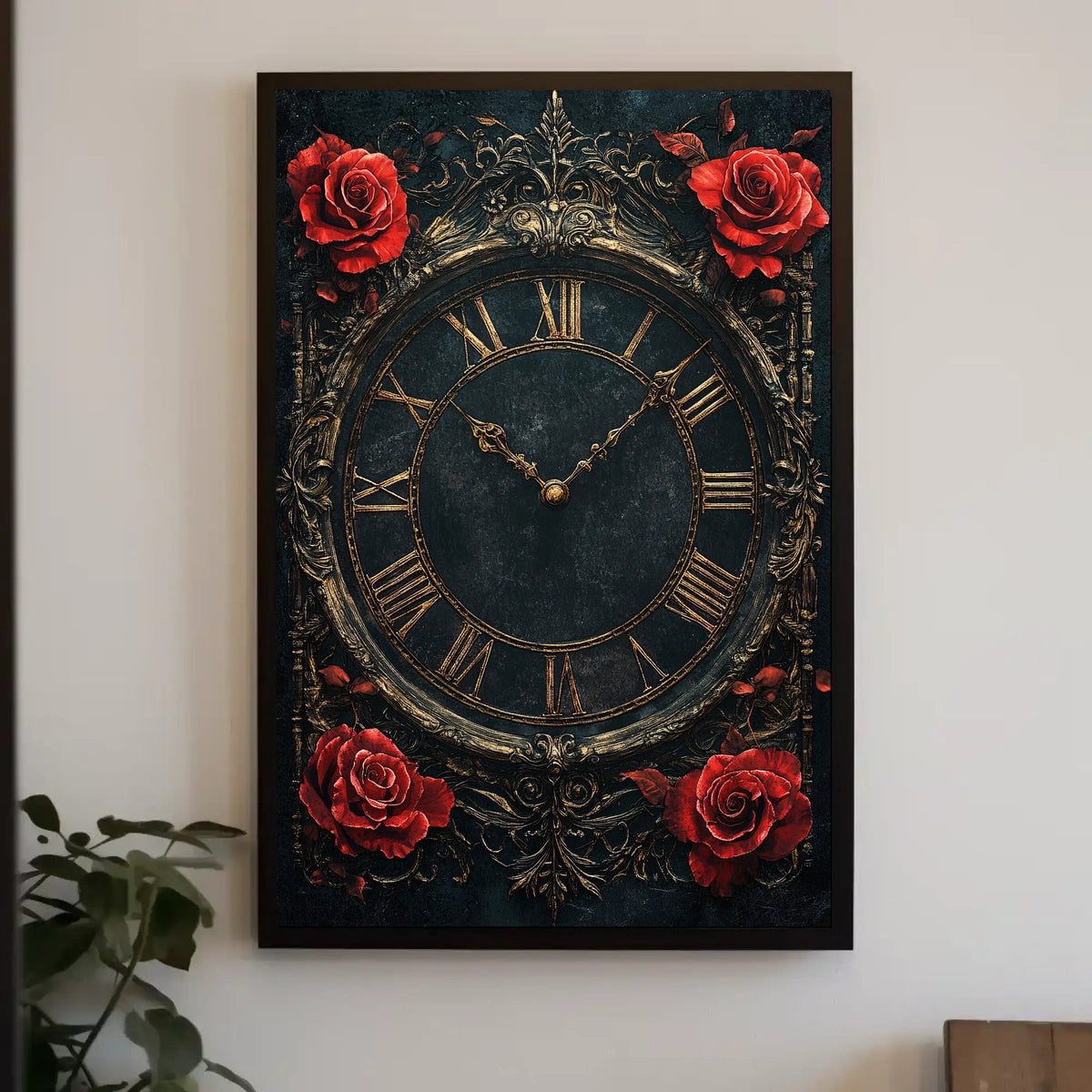 Vintage Roman Clock with Roses Artistic Poster
