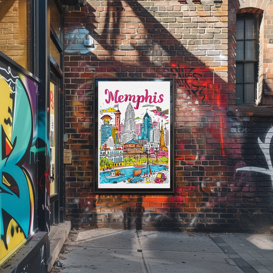 Memphis Tennessee Riverfront Colorful Skyline Travel Poster