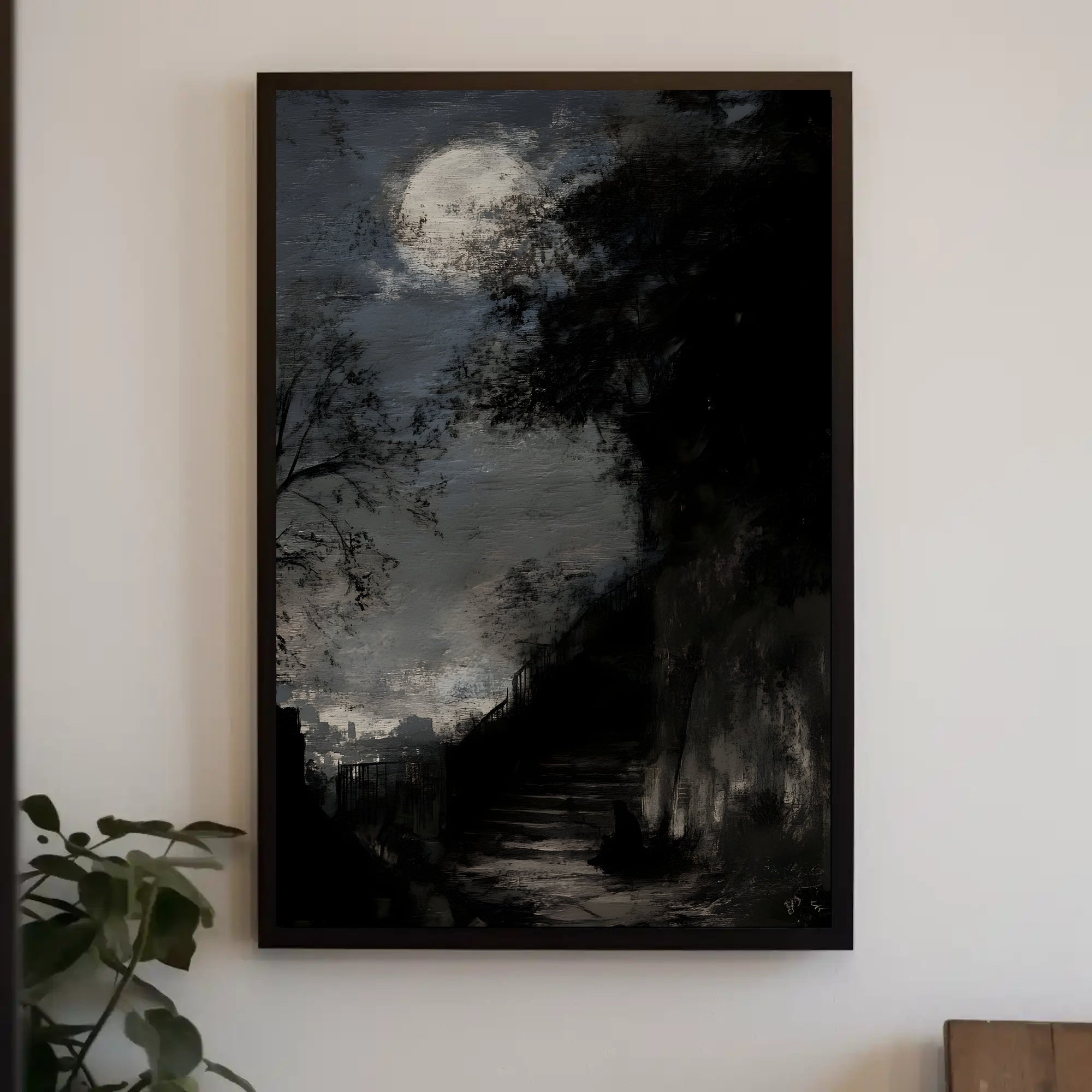 Full Moon on Haunted Staircase: Artistic Poster PosterGoat