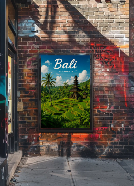 Bali Indonesia Rice Fields Temple Travel Poster